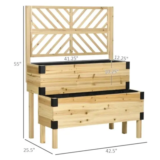 Fir Wood 2-Tier Self Draining Raised Planter Box with Lattice Trellis Natural {2}