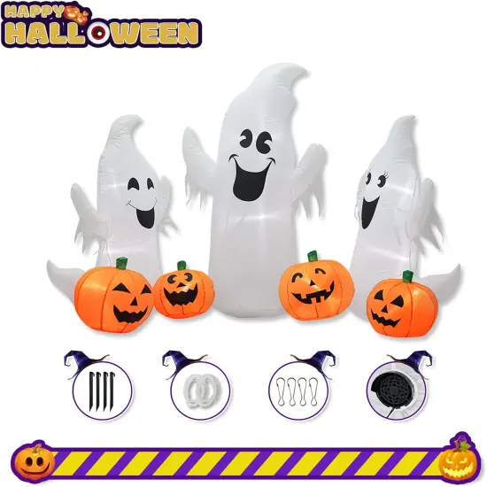 7FT Length Halloween Inflatable Ghosts and Pumpkins, 3 Ghosts Inflatables with Led Lights {3}