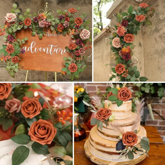 Artificial Flowers Burnt Orange Rose 25pcs Real Looking Fake Roses w/Stem for DIY Wedding Bouquets Centerpieces {4}