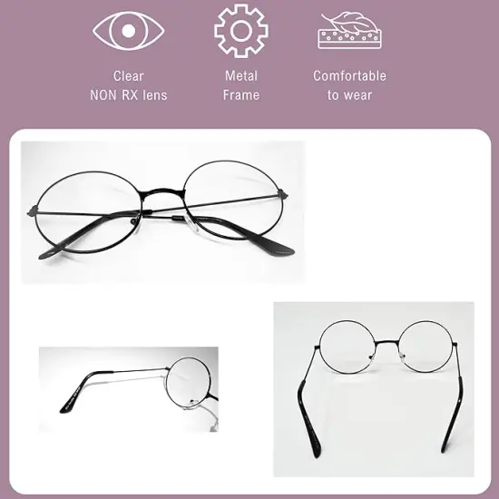 4E's Novelty Round Clear Lens Glasses &ndash; Kids Non-Prescription Black Metal Wire Frame Eyewear, Halloween Costume Accessory for Wizard, Old Man, Nerd, Schoolgirl, Cosplay Dress-Up {3}