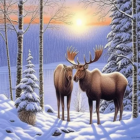 Moose Winter Forest Diamond Painting Kits (16x20 Inch) {1}