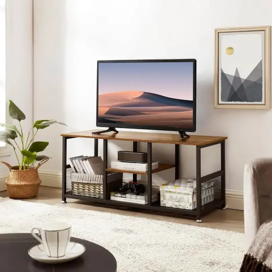 Engineered Wood TV Stand with Black Metal Frame, Mesh Shelves and Adjustable Feet Brown {4}