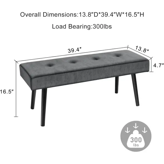 Modern Corduroy Upholstered End of Bed Searing Bench with Black Metal Legs for Living Room Grey {3}