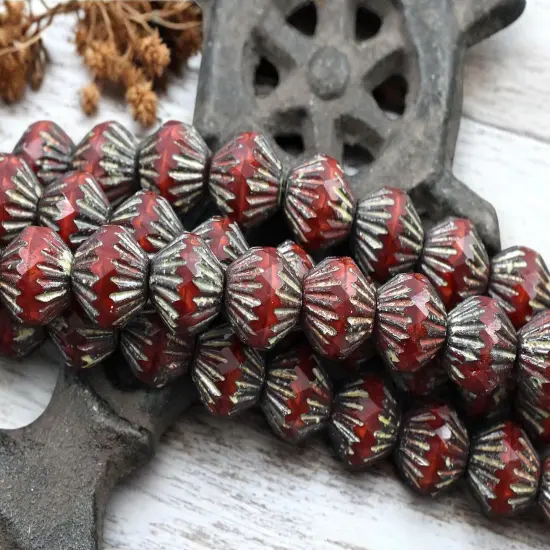 *10* 10mm Red Silk Picasso Fluted Bicone Beads {2}