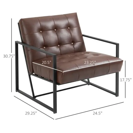 Retro Faux Leather Accent Chair with Metal Frame and Tufted Cushion for Living Room or Office {3}