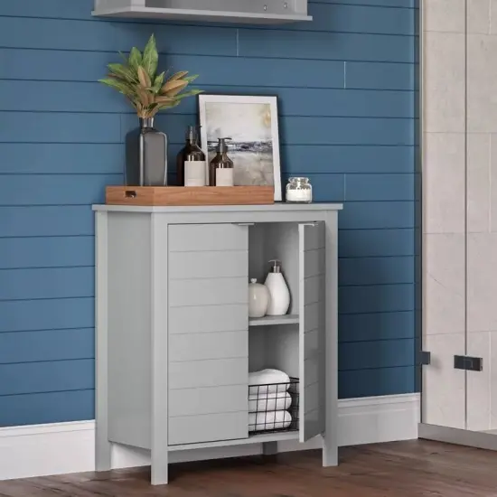 MDF Freestanding 2-Door Bathroom Linen Cabinet with Shelves Grey {5}