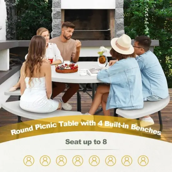 75" Round HDPE 8-Seater Outdoor Picnic Table with Umbrella Hole and Metal Frame White {2}
