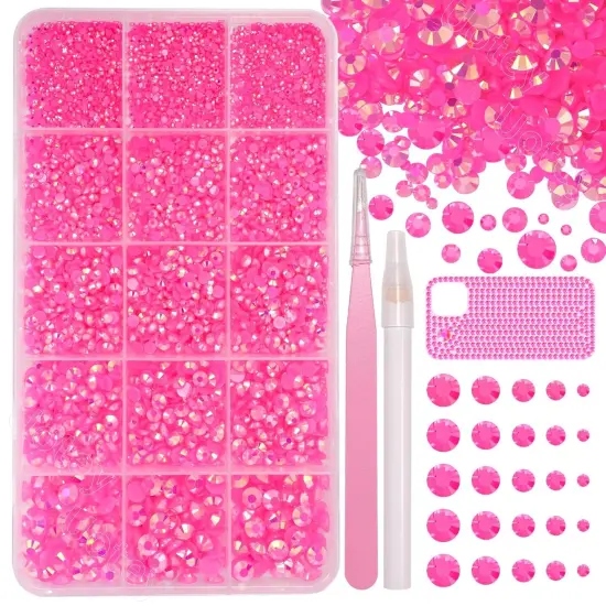 16000 Pcs Flat Back Resin Rhinestones with Pickup Tool - Hot Pink (Mixed Sizes) {1}
