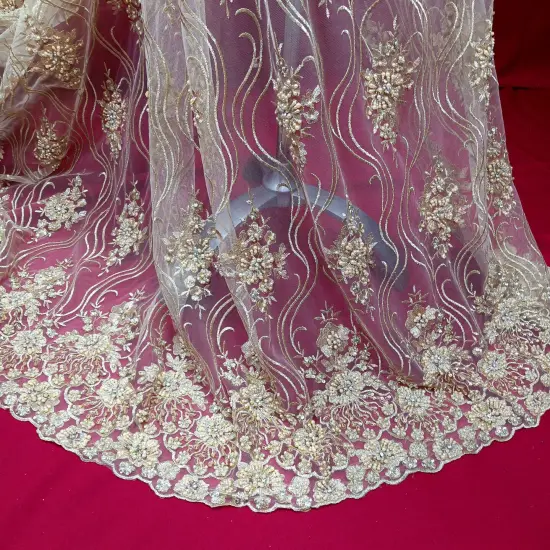 1 Yard Elegant Beaded Lace Fabric Embroidered on 100% Polyester Net Mesh 51 inch Width Jade {4}