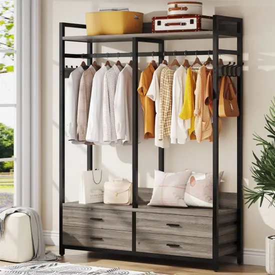 Free Standing Metal Garment Rack with Drawers and Hooks Grey Black {5}