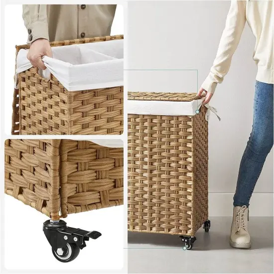 Plastic Laundry Basket Cart with Metal Frame and 3 Removable Bags Natural {4}