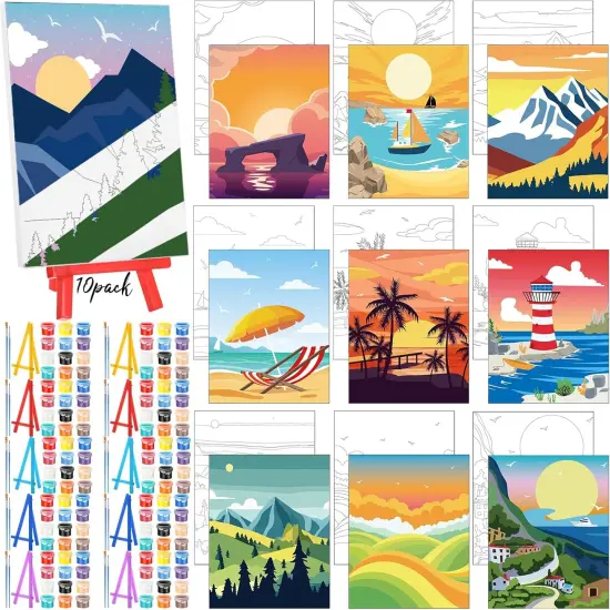 10 Set Pre Printed Canvas Pre Drawn Canvas Painting with Easel Kits {1}