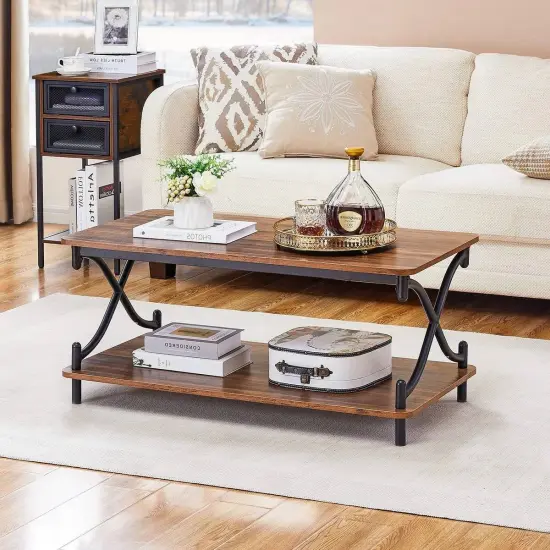 39-Inch Modern Rectangular Coffee Table with Metal Frame and Storage Shelf for Living Room Black & Brown {4}