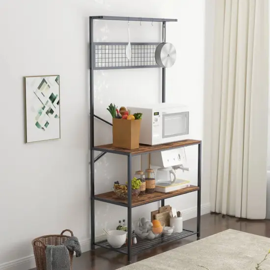 Rustic Brown Wood and Metal Baker&rsquo;s Rack with 5 Shelves, Hooks and Adjustable Feet {4}