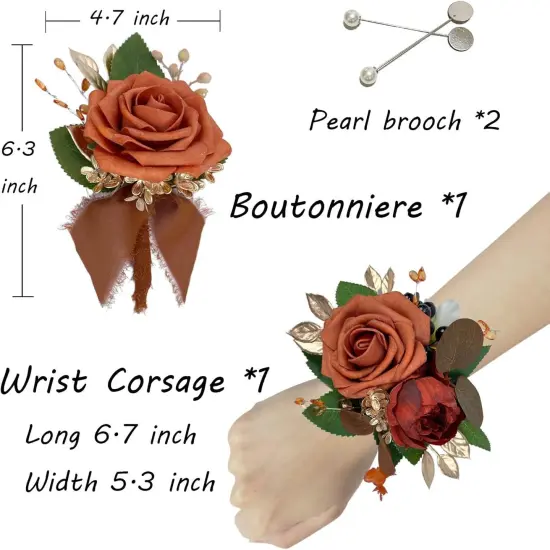 Burnt Orange Handmade Artificial Rose Peony Wrist Corsage {2}