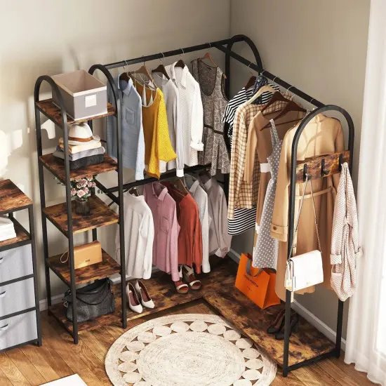 Industrial L Shaped Corner Closet Organizer with Shelves and Garment Rods for Bedroom Storage {3}