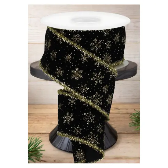 2.5" Glitter Snowflakes Tinsel Ribbon: Gold/Black (10 Yards) {2}