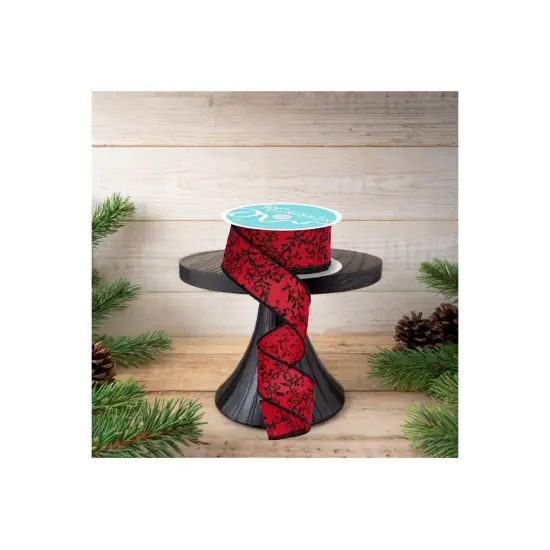 1.5" Glitter Mini Leaf Vines Ribbon: Red/Black (10 Yards) {3}