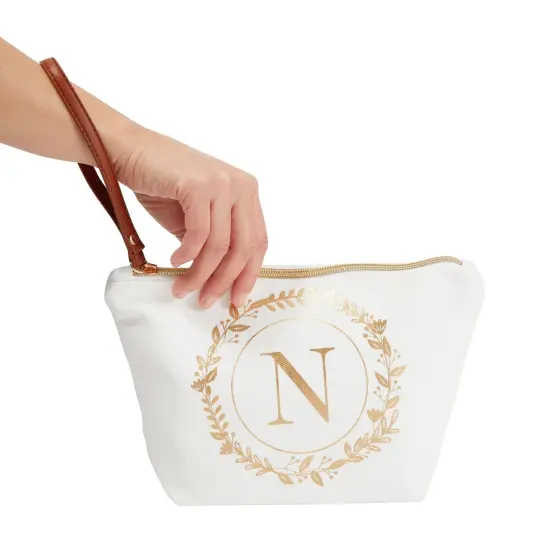 Gold Initial N Personalized Makeup Bag for Women, Monogrammed Canvas Cosmetic Pouch (White, 10 x 3 x 6 In) {3}