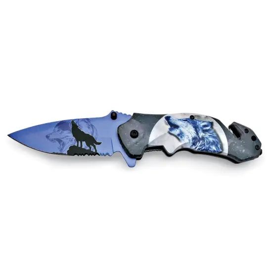 Collections Etc Foldable Blue Wolf Stainless Steel Collectible Knife {5}