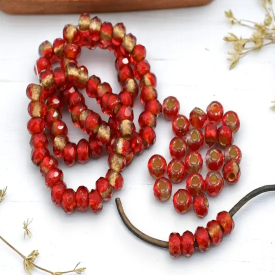 *25* 5x8mm Gold Lined Ruby Red Faceted Large Hole Rondelle Roller Beads {1}