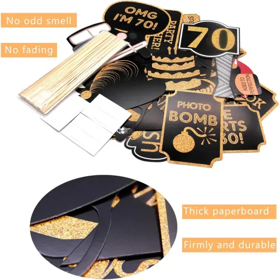 70th Birthday Photo Booth Props(41Pcs), 70 Fabulous Party Supplies, Gold and Black Birthday Favor Decorations {3}