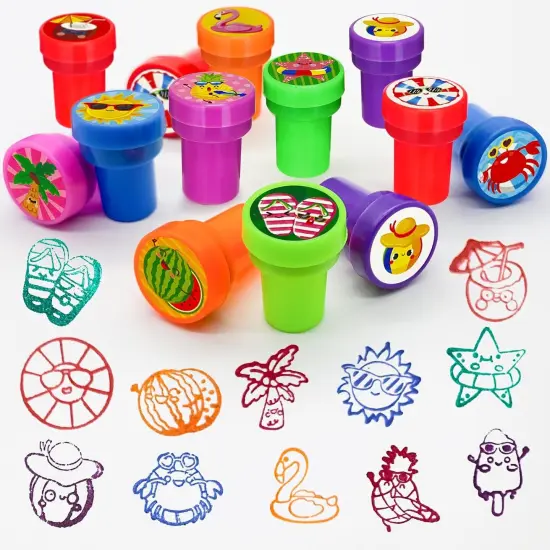 24 PCS Summer Beach Party Stampers，Flamingo Pineapple Pool Party Favors for Kids, Hawaiian Luau Supplies, Classroom Rewards, Carnival Prizes, Goodie Bag Pinata Fillers {3}