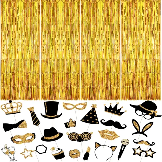 28 Pcs Photo Booth Props for Birthday Wedding Party Decorations Mix of 24 Photo Props, 4 Pcs 3.28 x 6.56 ft Foil Fringe Curtains Party Supplies for Prom Birthday Wedding Graduation (Gold) {1}