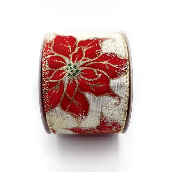 Designer&rsquo;s Shop WR 63-5213 Red Poinsettia on White Wired Edge Ribbon &ndash; 2.5" x 10 Yards &ndash; Christmas Floral Glitter Accent {2}
