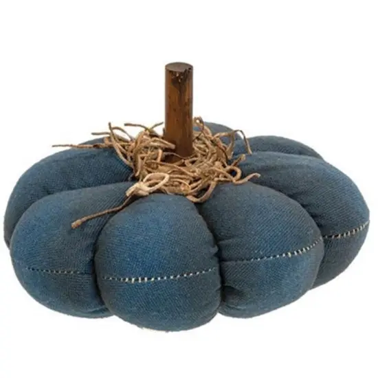 Blue Fabric Mossy Plush Pumpkin with Ribbed Detailing and Stick Stem {1}
