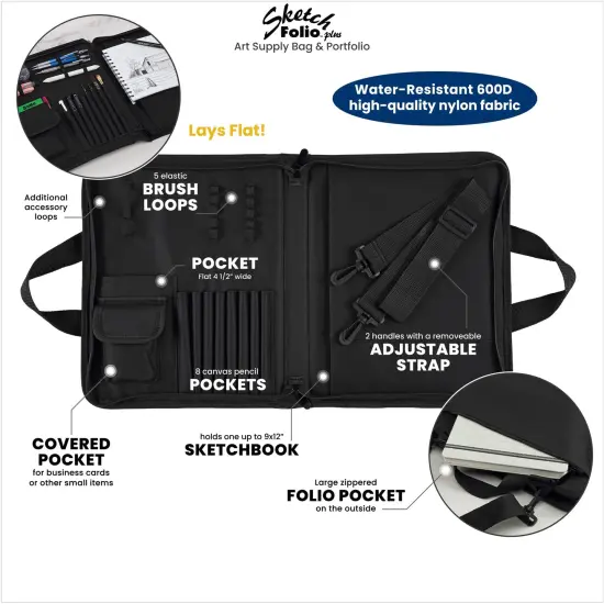 Creative Mark Sketch Folio Plus - Water-Resistant Zippered Nylon Sketch Padfolio, Black Art Travel Bag for Plein Air Artists, Holds 9x12 Sketchbook, Pockets for Brushes, Pencils & Accessories {3}