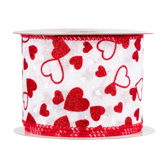 Northlight Glittered Hearts Valentine's Day Wired Craft Ribbon-2.5" x 10 Yards - White and Red {4}