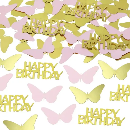 100pcs Butterfly Table Confetti Decor Glitter Butterfly Decoration for Birthday Wedding Theme Thanks Giving Party Valentine's Mother's Day Scatter Bless Confetti (Gold & Pink & HAPPA BIRTHDAY) {1}