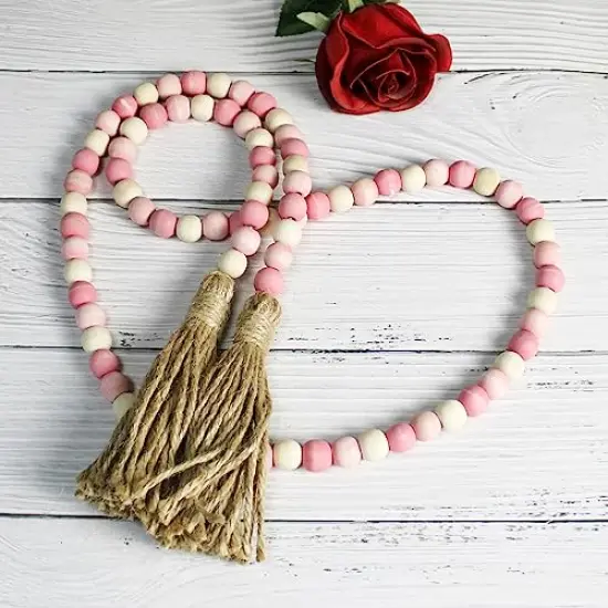 Wood Beads Garland with Tassels Farmhouse Rustic Wooden Prayer Bead String Wall Hanging Accent for Home Festival Decor. Pink Mix Distressed {1}