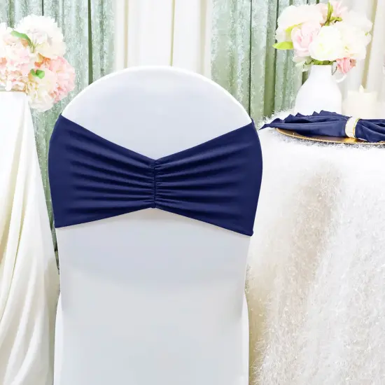10 Pieces Navy Blue Ruffled Spandex Chair Bands for Elegant Event Seating 8x13 inches {2}