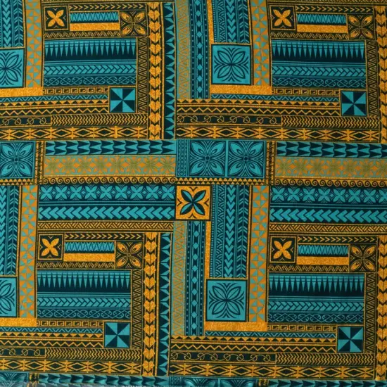 1 Yard Polynesian Geometric Symmetrical Peachskin Fabric For Elegant Apparel And Craft Projects 45 Inch Width Turquoise/Mustard {1}