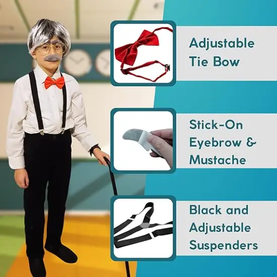 4E's Novelty Old Man Costume for Kids Boys 100th Days of School Includes Suspenders, Gray Stick On Moustache & Eyebrows, Bow Tie. Grandpa Costume Accessory {4}