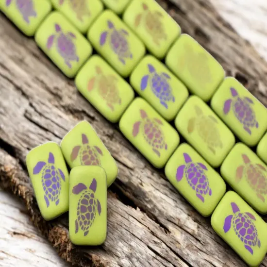 19x12mm Matte Chartreuse Sliperit Laser Tattoo Rectangle Turtle Beads - Choose Your Qty {1}