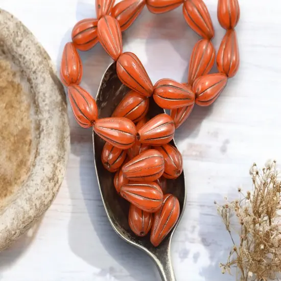 *10* 13x8mm Dark Bronze Washed Orange Opaline Melon Drop Beads {3}
