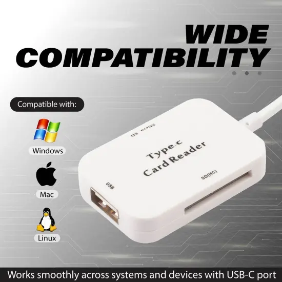 Insten USB Type C Card Reader, Portable Card Adapter, For SDXC, SDHC, SD, Micro SDXC, Micro SD, Micro SDHC Card, Fast Reader / Writer, White {5}