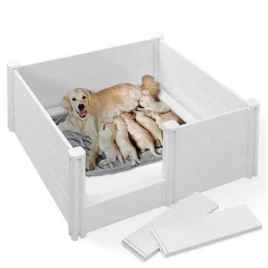 SmithBuilt 48" x 48" x 18" Whelping Box for Dogs and Puppies, Heavy Duty PVC Whelping Pen and Birthing Box with Rails and Adjustable Height Door, White {1}