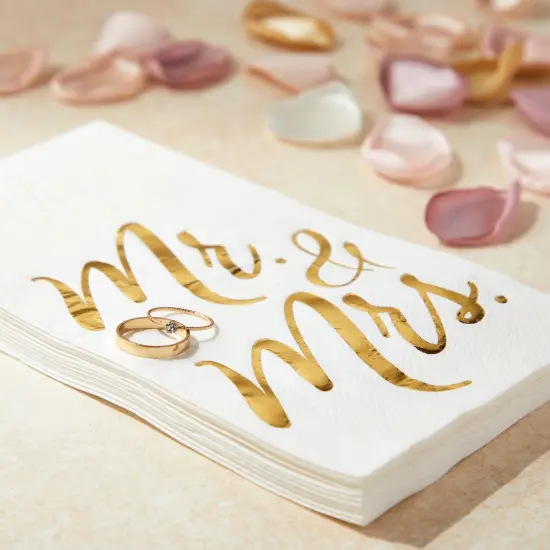 50-Pack Mr and Mrs Napkins, Disposable Wedding Dinner Napkins for Reception, Rehearsal Dinner, Bridal Shower, Engagement Party (Gold Foil and White, 3-Ply, 4x8 in) {5}