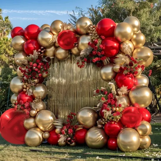 Red and Gold Balloon Garland Double Stuffed Ruby Red Gold Balloons Arch Kit With Mylar Balloon {2}