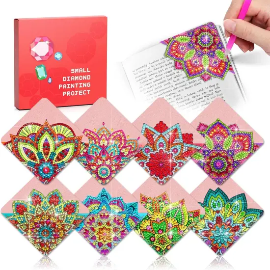 8 PCs Diamond Art Corner Bookmarks Leather Dimond Painting Book Mark Kit for Adults Paint by Dots Bookmarkers Craft DIY Gem Small Dotz Gifts for Women Mandala Flower Pink Lotus {1}