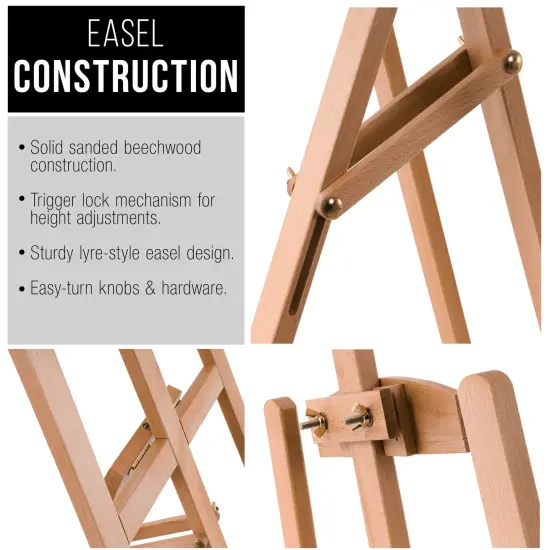 56" High Medium A-Frame Wood Easel, Lyre Style Studio Easel - Wooden Artists Floor Stand, Sturdy Beechwood, Adjustable Height To 43" Canvas - Painting, Drawing, Sign Display Holder {5}