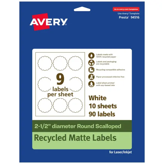Avery Recycled Matte White Labels,2-1/2" diameter Round Scalloped {1}