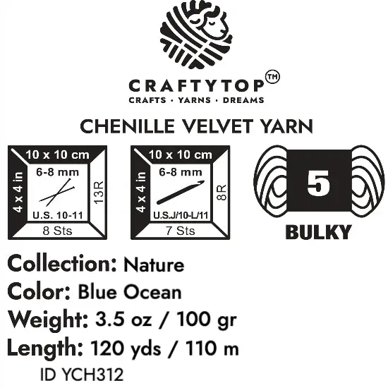 Craftytop&trade; Bulky Velvet Yarn #5 for Knitting & Crochet (Blue Ocean) {6}