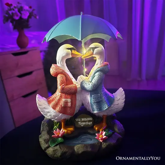 Romantic Swan Couple Under an Umbrella Solar Powered Garden Statue, 10" Lighted Outdoor Bird Figurine Decor {6}