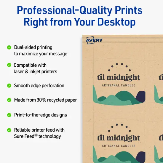 Avery Printable Arched Square Business Cards, Sure Feed Technology, 2" x 2-2/10", Matte Kraft Brown Cardstock, Print-to-The-Edge, Laser/Inkjet Printable, 120 Total {2}