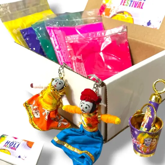 Holi Gift Hamper Holi Decoration Premium Handmade Indian Gift Hamper Holi Party Favors Festive Hamper Holi Gulal Colors, Radhe Krishna Pichkari Bucket, Keychains {3}
